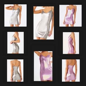 Pink shiny metallic party club rave shimmer capri cami short mini bodycon dress